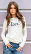 LOVE CURSIVE LIGHTWEIGHT BRUSHED FLEECE PULLOVER TOP (White)