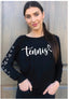 TENNIS CURSIVE L/S TEE with OPEN HEARTS on Arm (Black)
