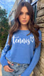 TENNIS CURSIVE LIGHTWEIGHT BRUSHED FLEECE PULLOVER TOP (Blue)