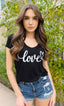 LOVE CURSIVE S/S V NECK with SCATTERED HEARTS on back. (Black)