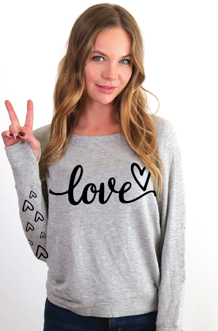 LOVE CURSIVE  L/S FLEECE PULLOVER with  HEARTS on Arm (Grey) Main image