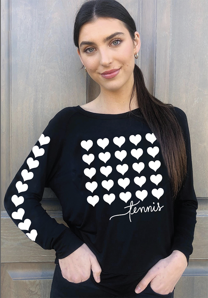 TENNIS FIVE ROW HEARTS L/S TEE with HEARTS on Arm (Black)
