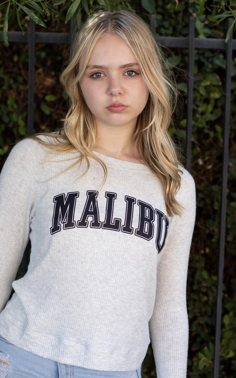 MALIBU COLLEGIC LIGHTWEIGHT HACCI RIBBED SWEATER TOP (ASH GREY)