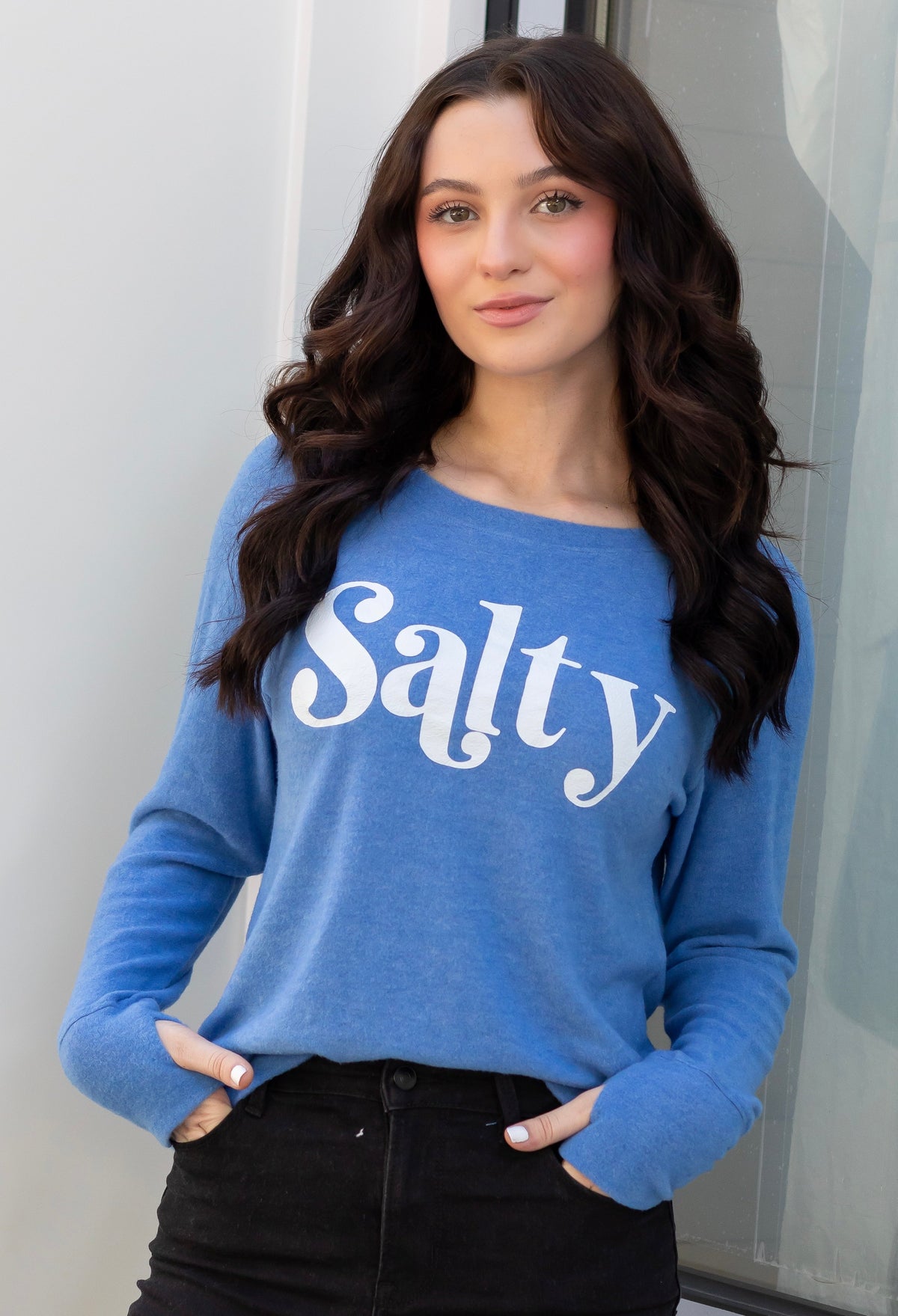 SALTY LIGHTWEIGHT BRUSHED FLEECE PULLOVER TOP (Blue) Main image