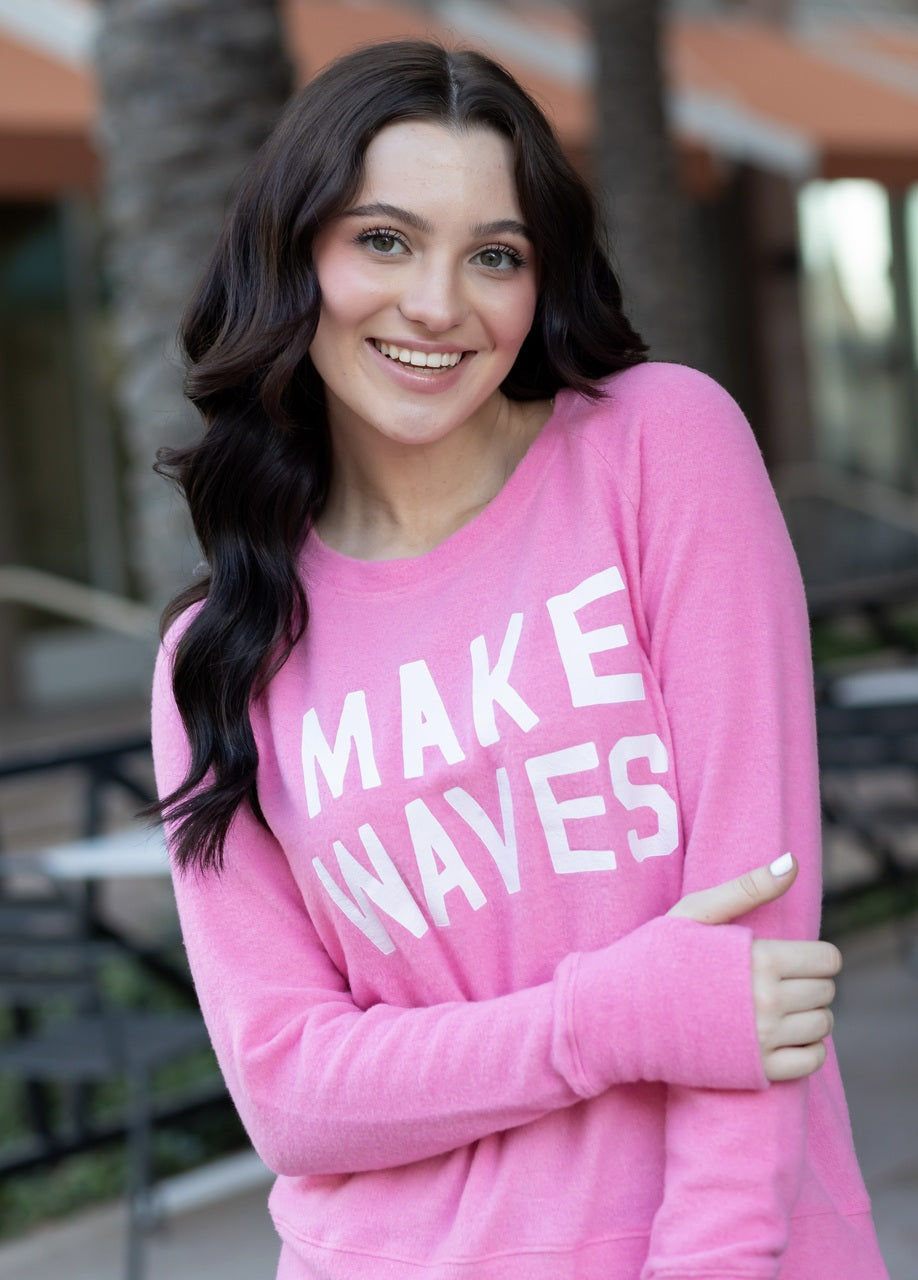 MAKE WAVES LIGHTWEIGHT BRUSHED FLEECE PULLOVER TOP (Pink)