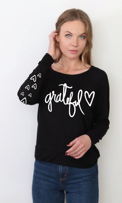 GRATEFUL HEART L/S TEE with HEARTS on Arm. (Black)