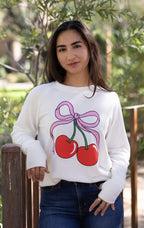 CHERRY BOW LIGHTWEIGHT BRUSHED FLEECE PULLOVER TOP (White)