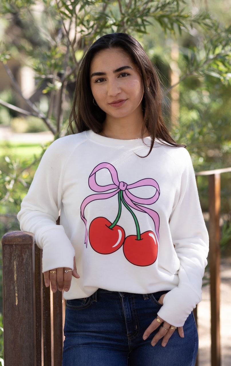 CHERRY BOW LIGHTWEIGHT BRUSHED FLEECE PULLOVER TOP (White)