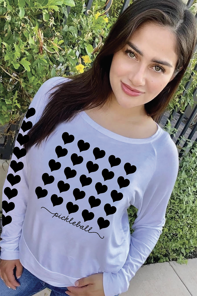 PICKLEBALL 5 ROW HEARTS L/S TEE with HEARTS on Arm (White) Main image