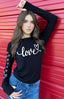 LOVE CURSIVE  L/S FLEECE PULLOVER with HEARTS on Arm (Black)