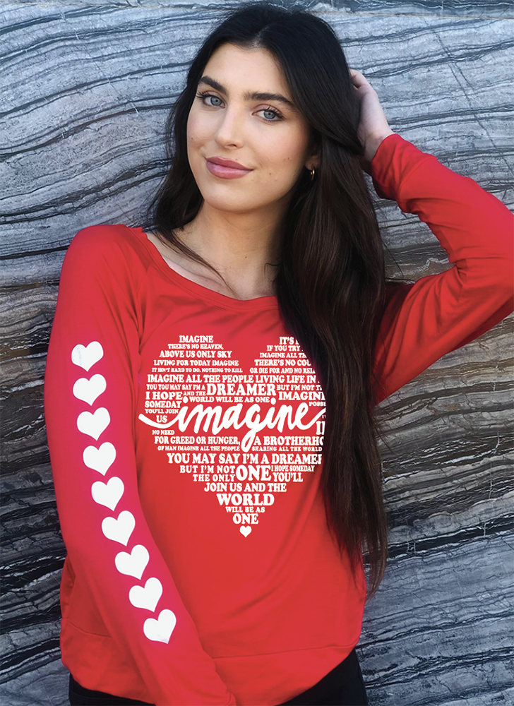 IMAGINE (WITH LYRICS) L/S TEE with a HEARTS GRAPHIC on ARM. (Red)