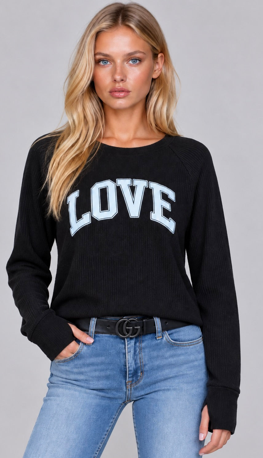 LOVE COLLEGIC OUTLINE LIGHTWEIGHT HACCI RIBBED SWEATER TOP (Black) Main image