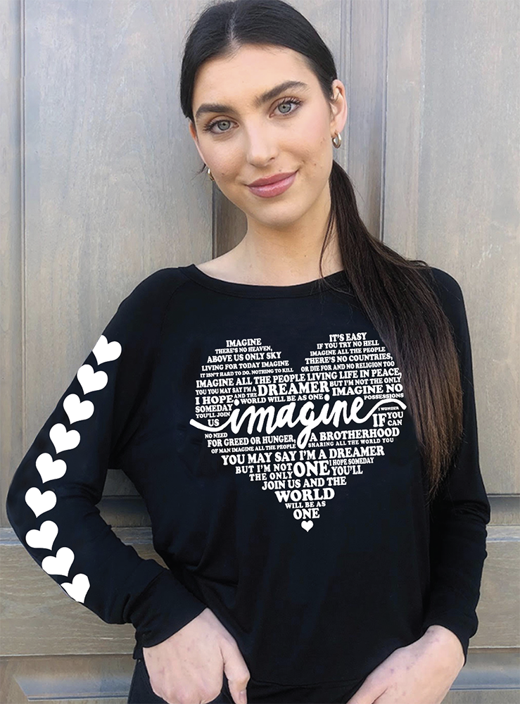 IMAGINE (WITH LYRICS) L/S TEE with a HEARTS GRAPHIC on ARM. (Black)
