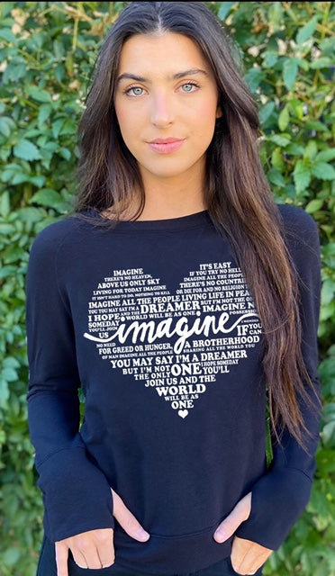 IMAGINE (WITH LYRICS) L/S TEE with a HEARTS GRAPHIC on ARM  (Black)