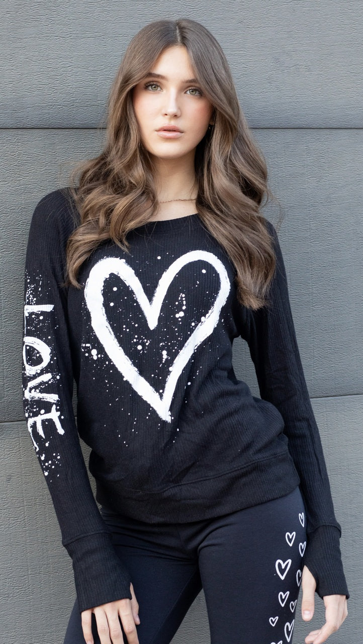 HEART SPLATTER FLEECE PULLOVER SWEATSHIRT (Black)