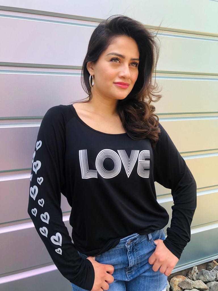 LOVE RETRO L/S TEE with RETRO HEARTS on Arm (Black) Main image