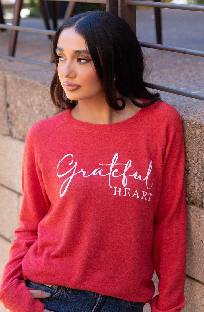 GRATEFUL HEART LIGHTWEIGHT BRUSHED FLEECE PULLOVER TOP (Red) Main image