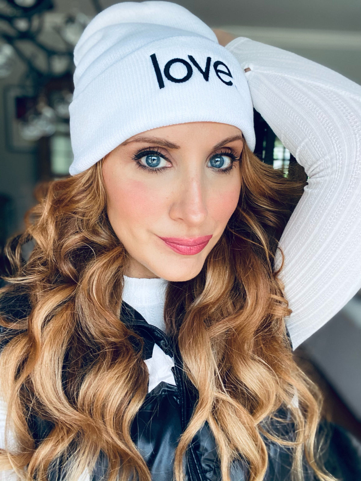 LOVE. EMBROIDERED CUFFED KNIT BEANIE  (WINTER WHITE) Main image