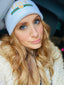LOVE STRIPE GOLD HEART EMBROIDERED CUFFED KNIT BEANIE  (Winter White)