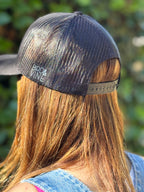 LOVE COLLEGIATE EMBROIDERED TRUCKER HAT (Black w/ Pink)