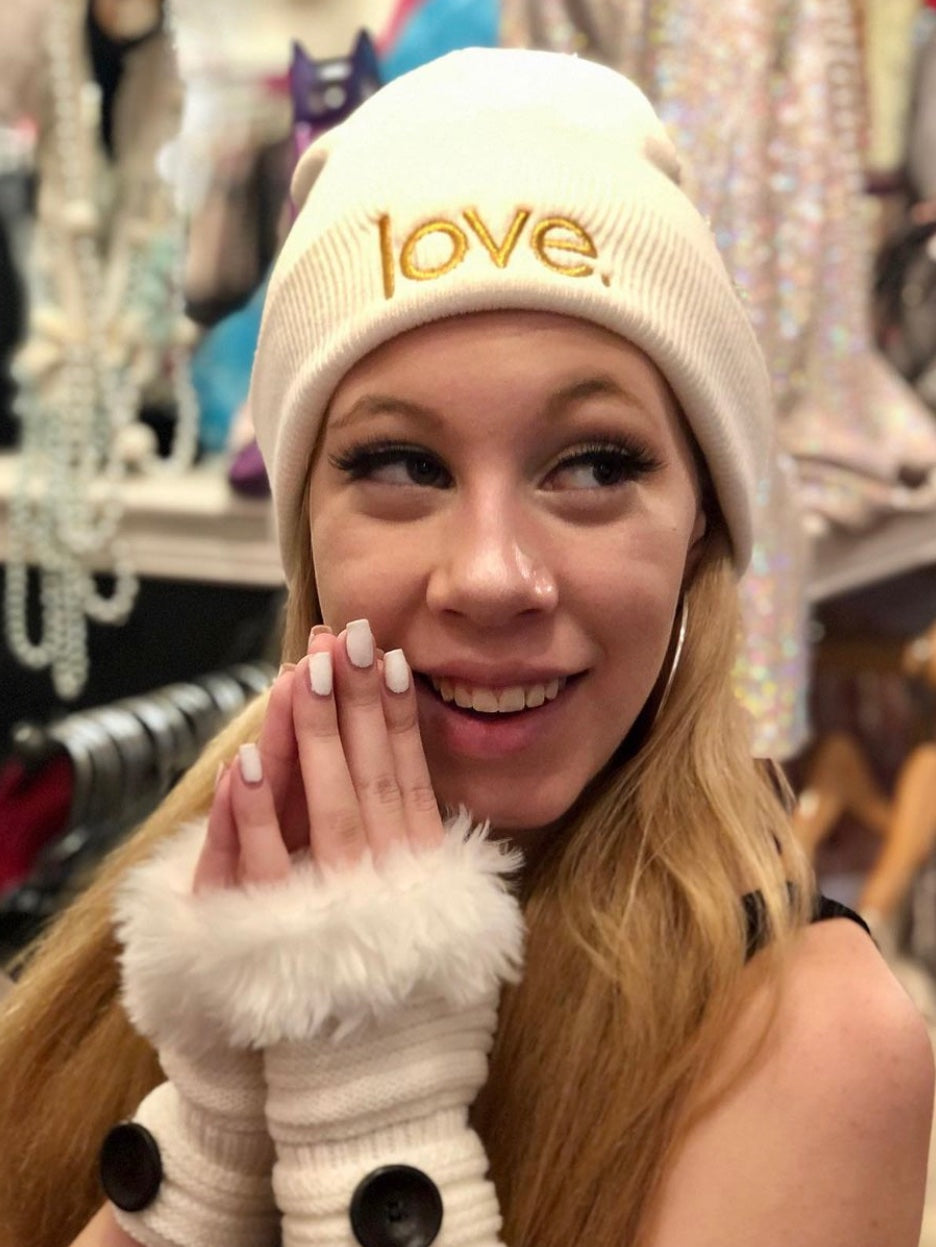 LOVE. EMBROIDERED CUFFED KNIT BEANIE  (White) Main image