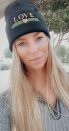 LOVE STRIPE GOLD HEART EMBROIDERED CUFFED KNIT BEANIE  (Black)