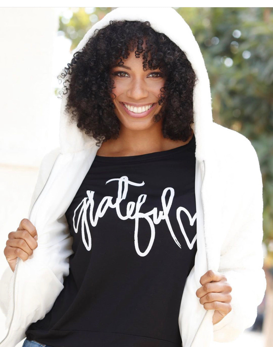 GRATEFUL HEART L/S TEE with HEARTS on Arm. (Black) Main image