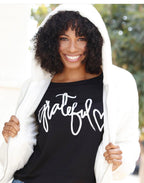 GRATEFUL HEART L/S TEE with HEARTS on Arm. (Black)