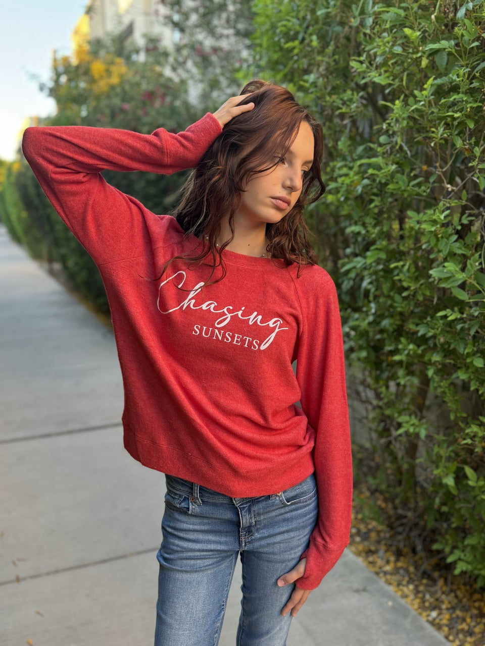 CHASING SUNSETS LIGHTWEIGHT BRUSHED FLEECE PULLOVER TOP (Red) Main image