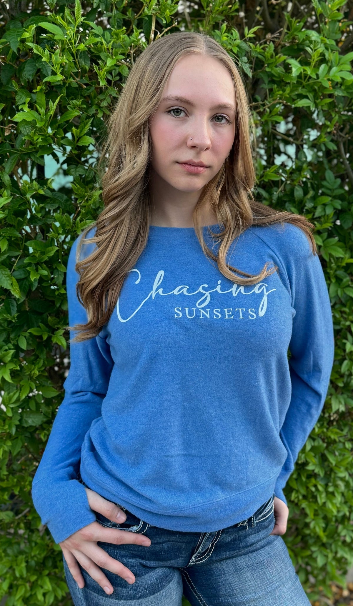 CHASING SUNSETS LIGHTWEIGHT BRUSHED FLEECE PULLOVER TOP (Blue) Main image
