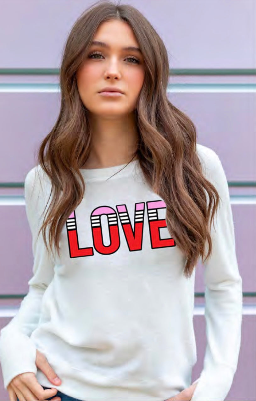 LOVE STRIPE LIGHTWEIGHT BRUSHED FLEECE PULLOVER TOP (White)
