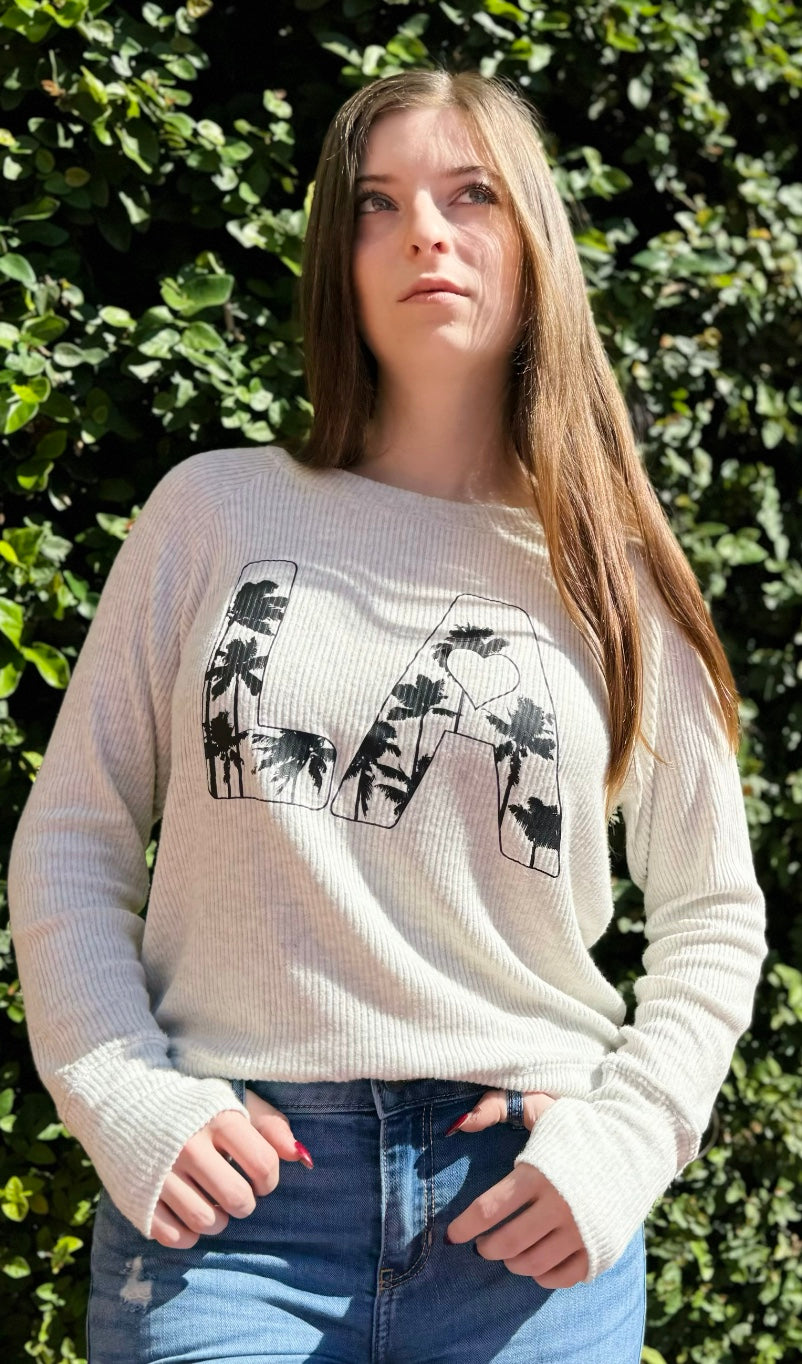 LA PALM TREE LIGHTWEIGHT HACCI RIBBED SWEATER TOP (ASH GREY)