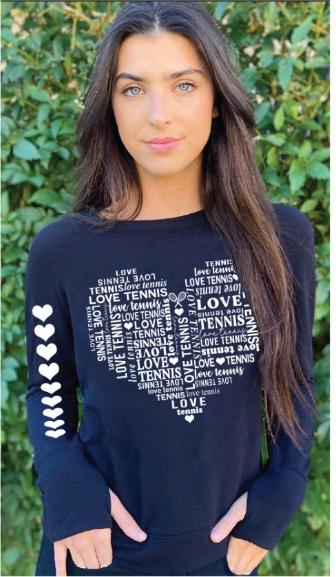 TENNIS HEART LIGHTWEIGHT FLEECE PULLOVER with HEART ARM (Black)