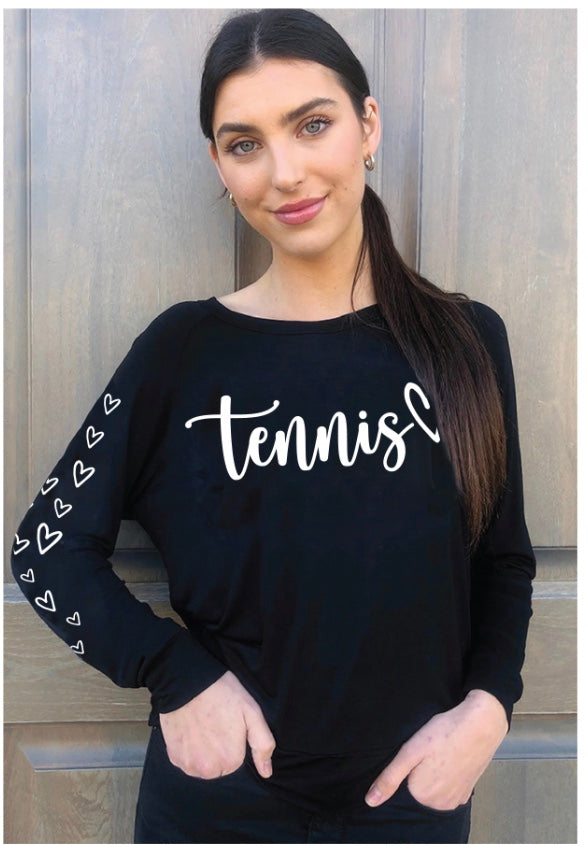 TENNIS CURSIVE L/S TEE with OPEN HEARTS on Arm (Black) Main image