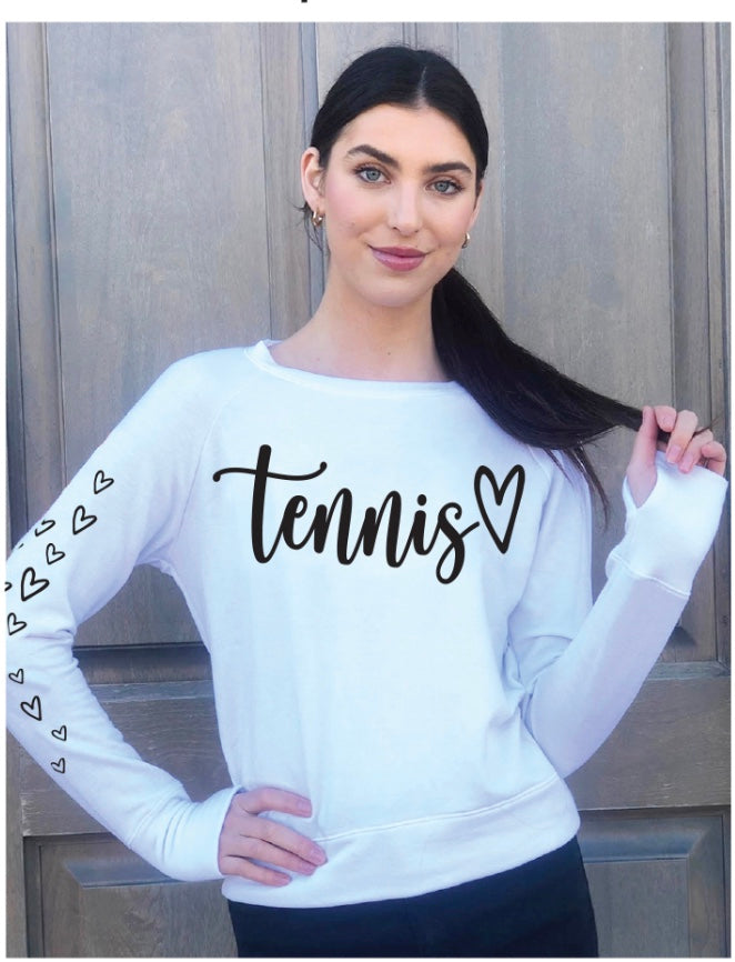 TENNIS CURSIVE LIGHTWEIGHT FLEECE PULLOVER with OPEN HEART ARM (White) Main image
