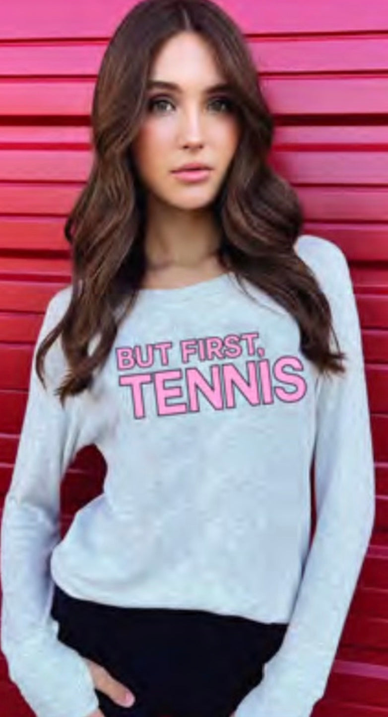 BUT FIRST, TENNIS LIGHTWEIGHT HACCI RIBBED SWEATER TOP (Ash)