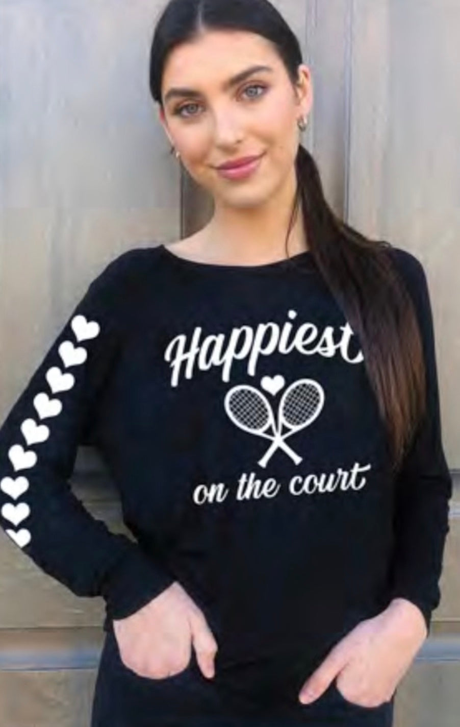 HAPPIEST ON THE COURT L/S TEE with HEARTS on Arm (Black) Main image