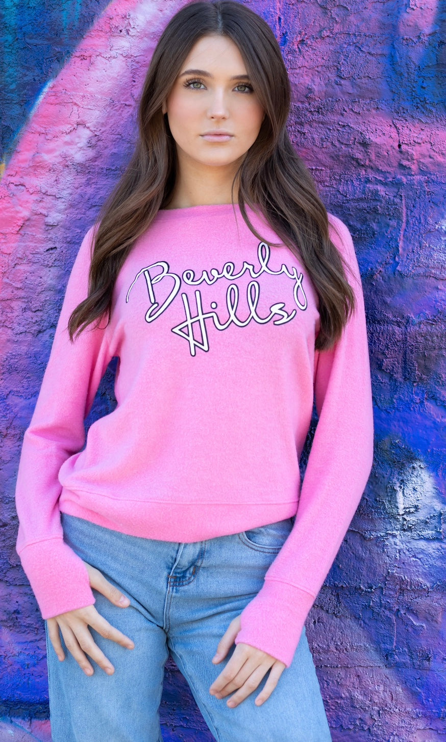 BEVERLY HILLS LIGHTWEIGHT BRUSHED FLEECE PULLOVER TOP (Pink) Main image