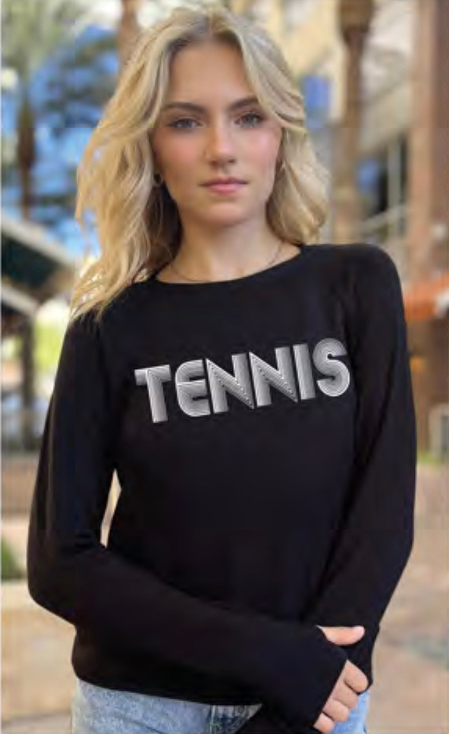 TENNIS RETRO LIGHTWEIGHT BRUSHED FLEECE PULLOVER TOP (Black) Main image
