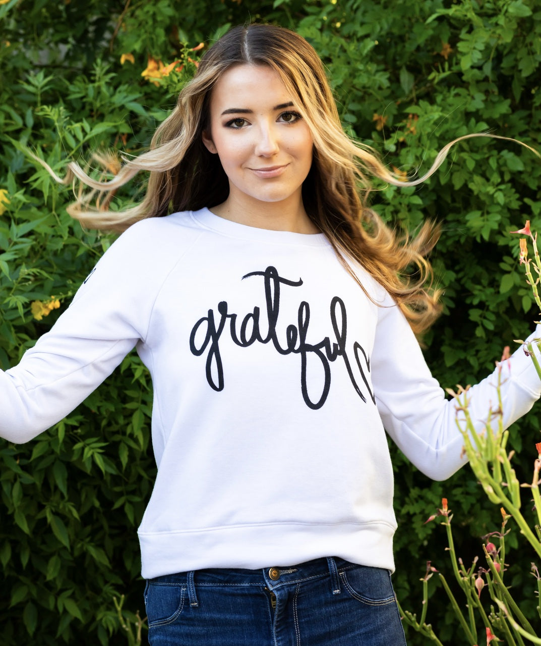 GRATEFUL HEART L/S FLEECE PULLOVER with  HEARTS on Arm (White) Main image