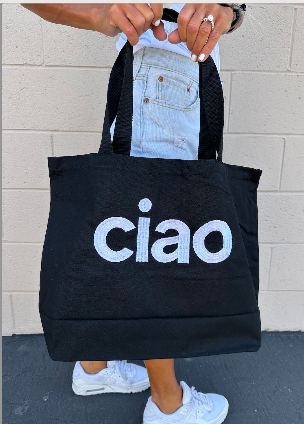 CIAO EMBROIRDERED BLACK CANVAS TOTE Main image