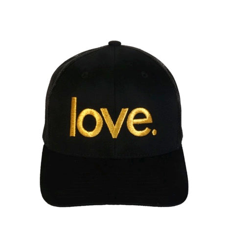 LOVE. EMBROIDERED TRUCKER HAT (Black/Gold)