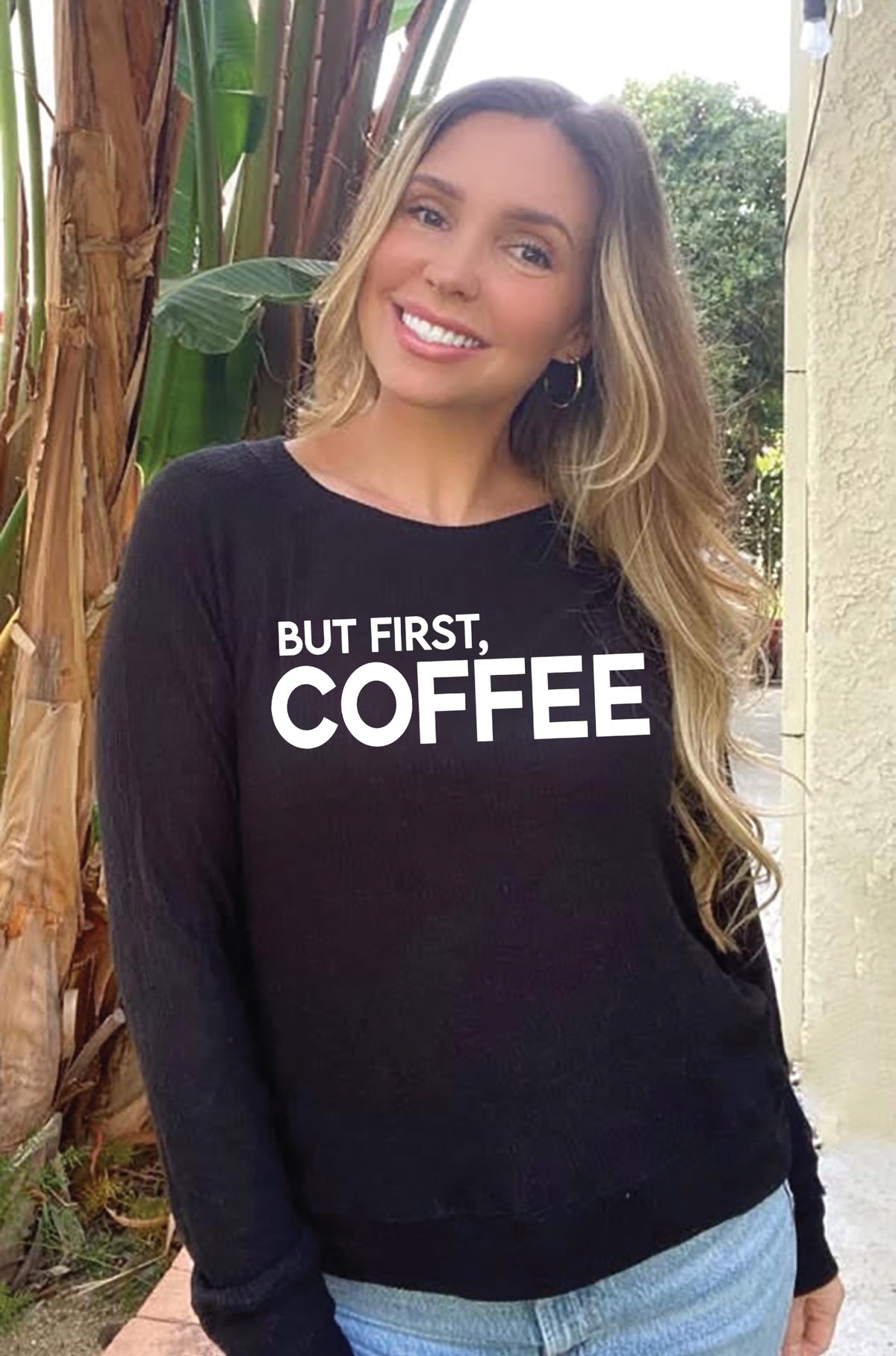 BUT FIRST COFFEE LIGHTWEIGHT HACCI RIBBED SWEATER TOP (Black)