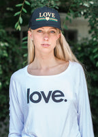 LOVE STRIPE GOLD HEART EMBROIDERED TRUCKER HAT
