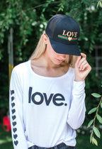 LOVE STRIPE GOLD HEART EMBROIDERED TRUCKER HAT