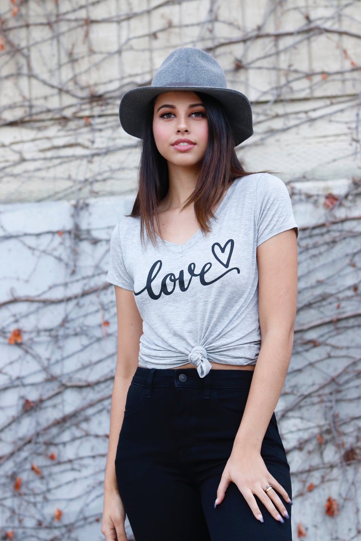 LOVE CURSIVE BLACK S/S VNECK TEE (Grey) Main image