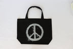 PEACE SIGN SPLATTER BLACK CANVAS TOTE.