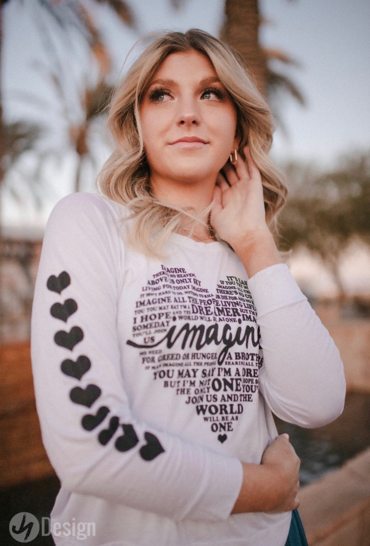 IMAGINE (WITH LYRICS) L/S TEE with HEARTS on Arm (White)