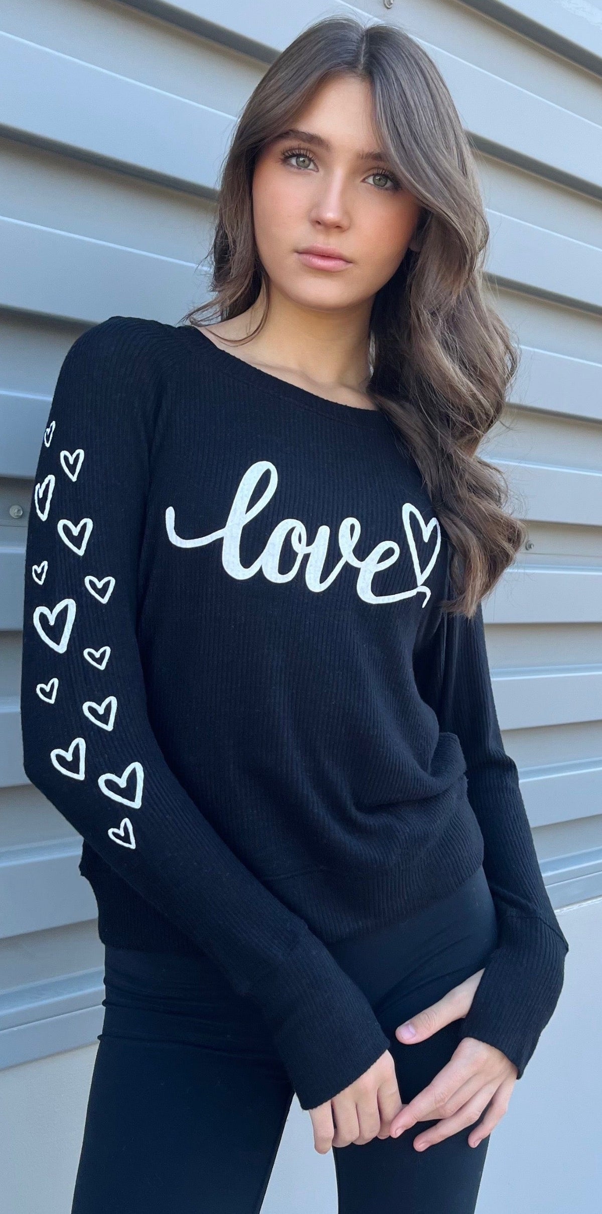LOVE CURSIVE LIGHTWEIGHT HACCI RIBBED SWEATER TOP (Black)