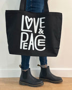 LOVE & PEACE BLACK CANVAS TOTE